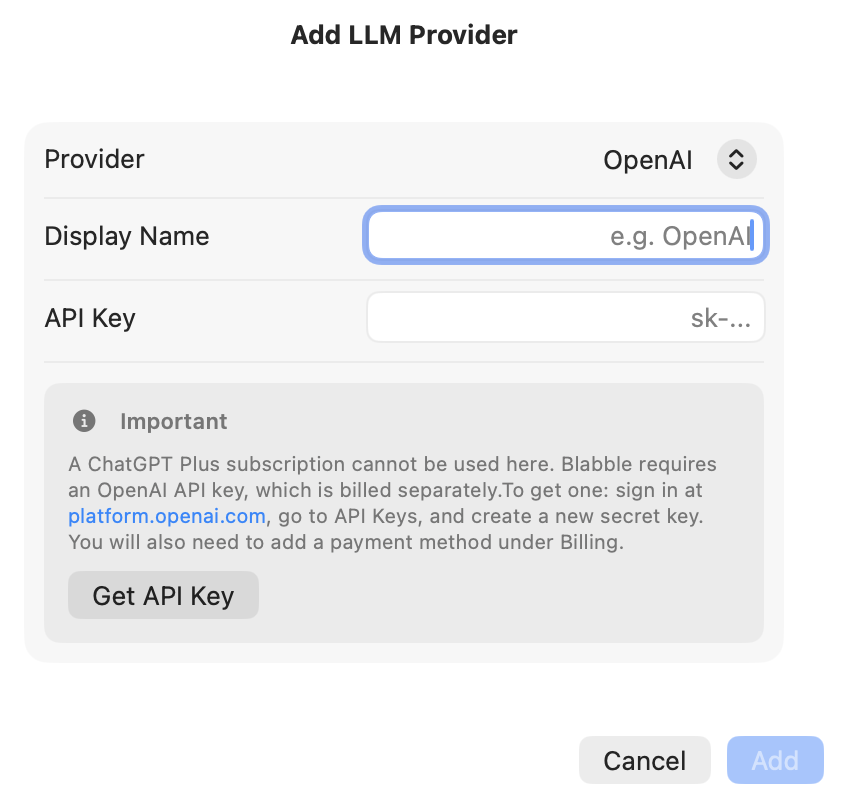 The Add LLM Provider dialog showing OpenAI configuration