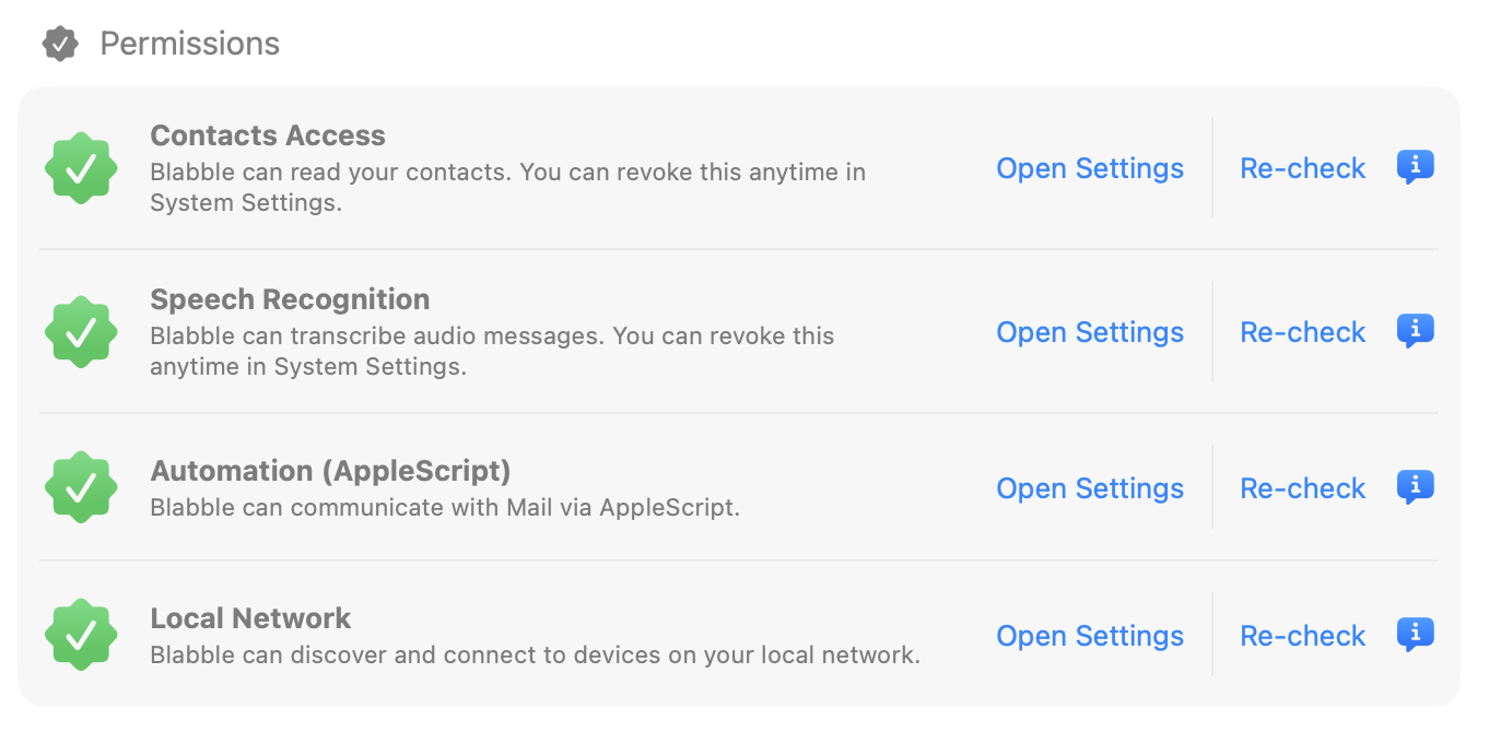Permissions panel showing Contacts, Speech Recognition, Automation, and Local Network statuses