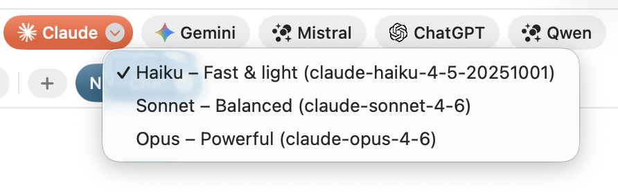 The provider pill menu showing Haiku, Sonnet, and Opus model options for Claude