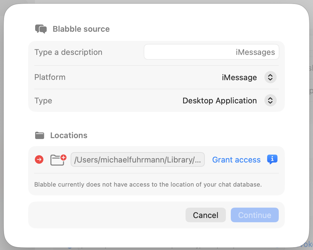 The Blabble source setup dialog for iMessage Desktop